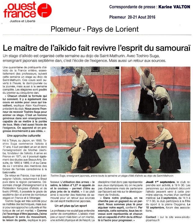 Ouest France 20 Aout 2016 - Stage Toshiro SUGA Ploemeur
